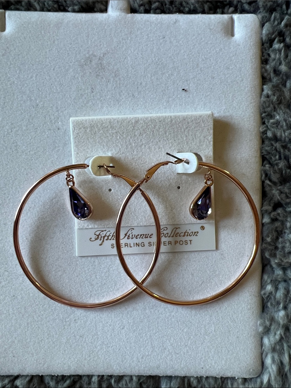 Fifth Avenue Collection Rose Gold Hoop Earrings with Purple Teardrop Stones